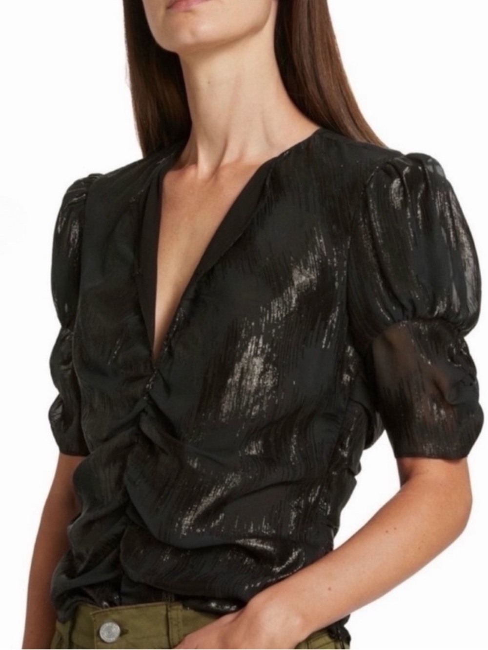 FRAME DENIM Ruched Black Metallic Sheer Puff-Sleeve Keyhole Blouse Top ~ M